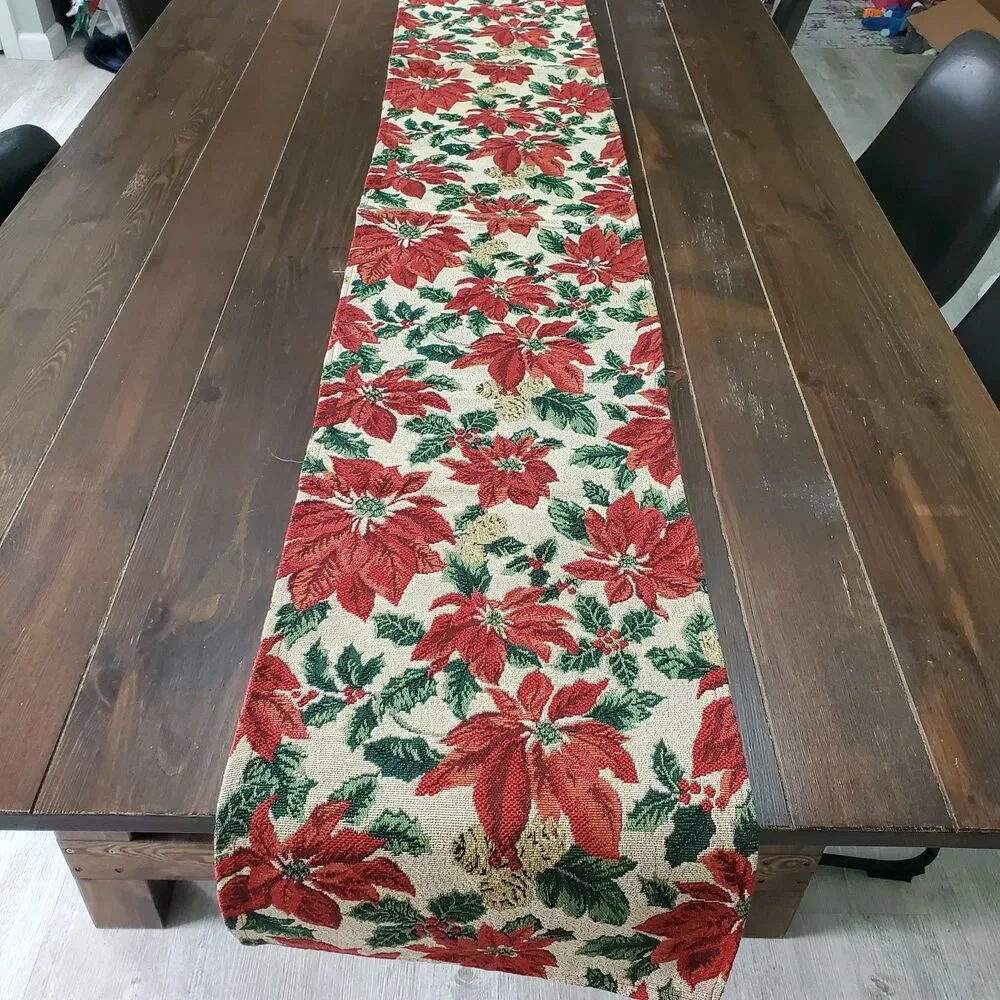 Table Runner Red Green Cream Gold Poinsettias Tapestry 70x12